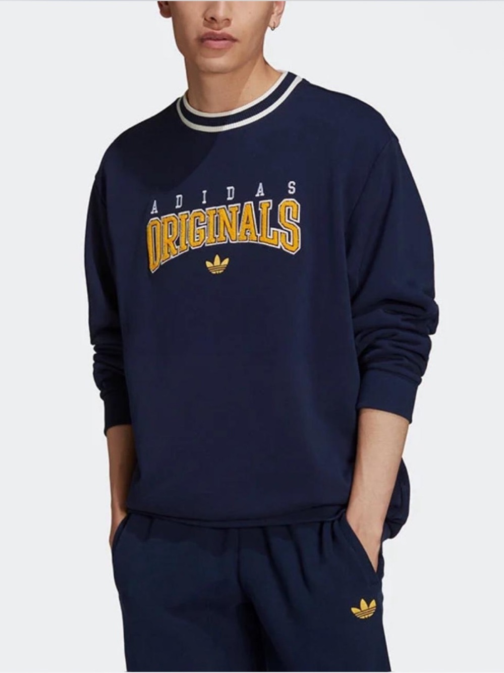 adidas Navy Crewneck Sweatshirt with Retro Yellow Originals Logo and Collar